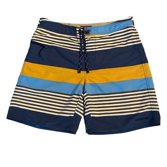Patagonia Wavefarer 8" Board Short Men's 34 Navy Stripe Swim Trunks Drawstring - Picture 1 of 9